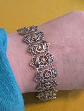 Vintage Silver Filigree Panel Bracelet - Art Deco or Victorian Style - Unmarked